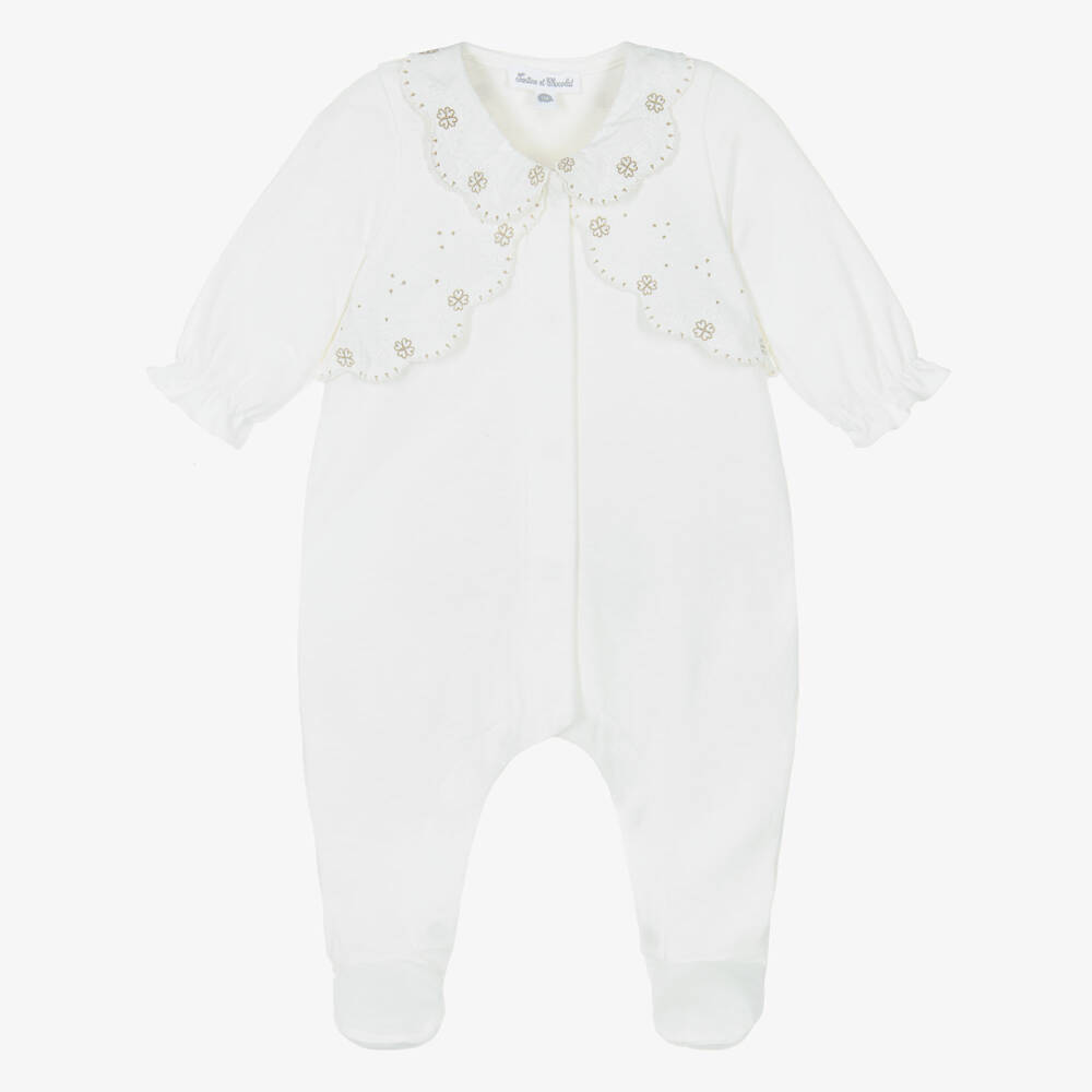 Tartine et Chocolat-Girls Ivory Babygrow With Gold Embroidered Flowers | Childrensalon Outlet