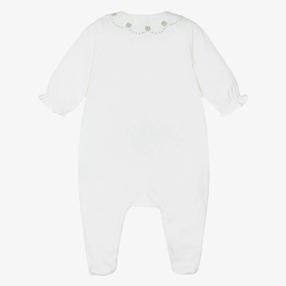 Tartine et Chocolat-Girls Ivory Babygrow With Gold Embroidered Flowers | Childrensalon Outlet