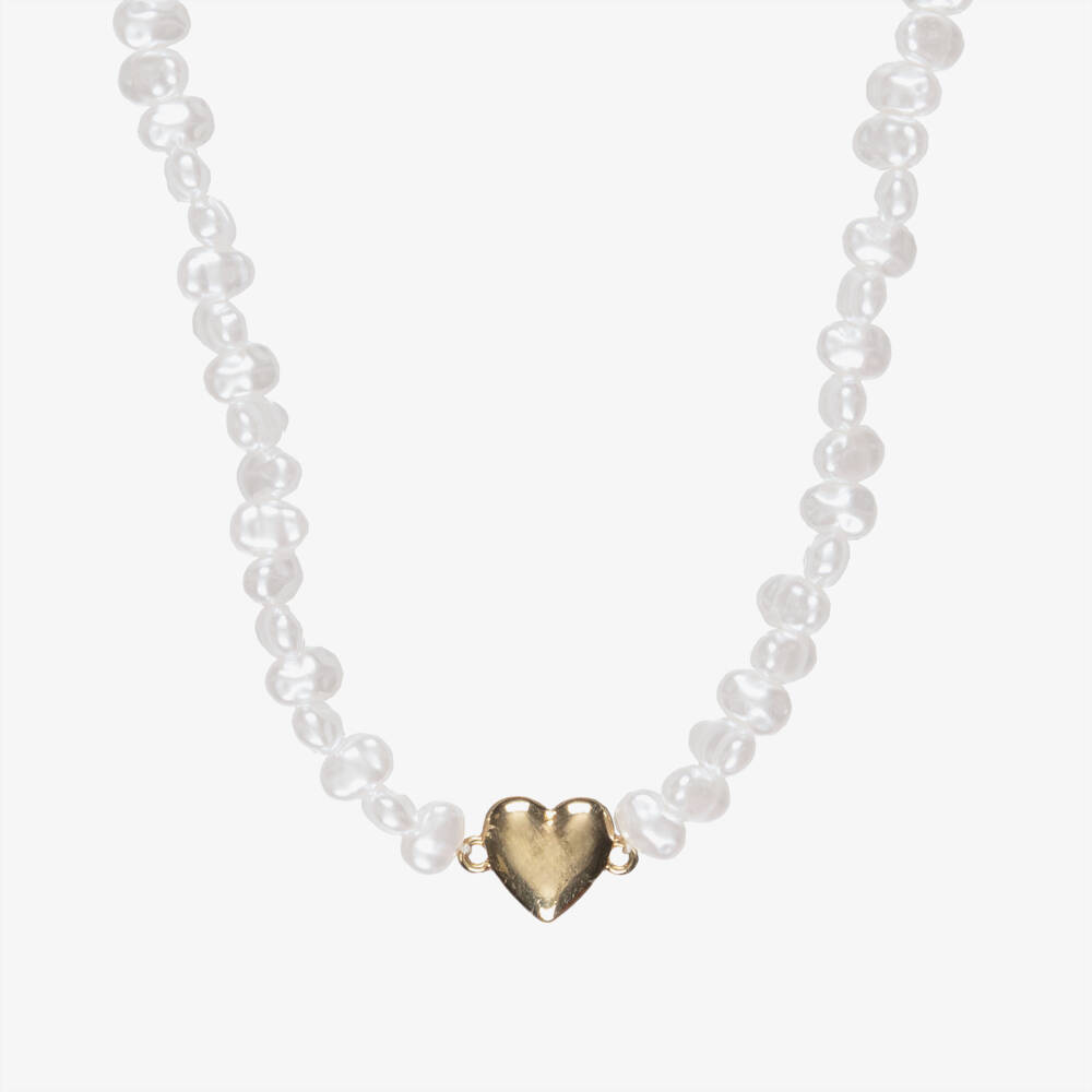 NAME IT-Girls Ivory Beaded Necklace with Gold Heart (43cm) | Childrensalon Outlet