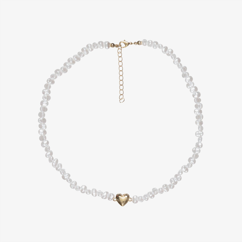 NAME IT-Girls Ivory Beaded Necklace with Gold Heart (43cm) | Childrensalon Outlet