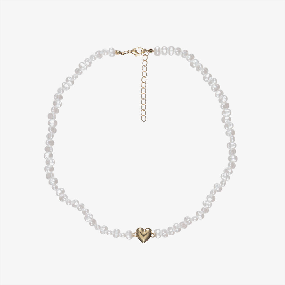 NAME IT-Girls Ivory Beaded Necklace with Gold Heart (43cm) | Childrensalon Outlet