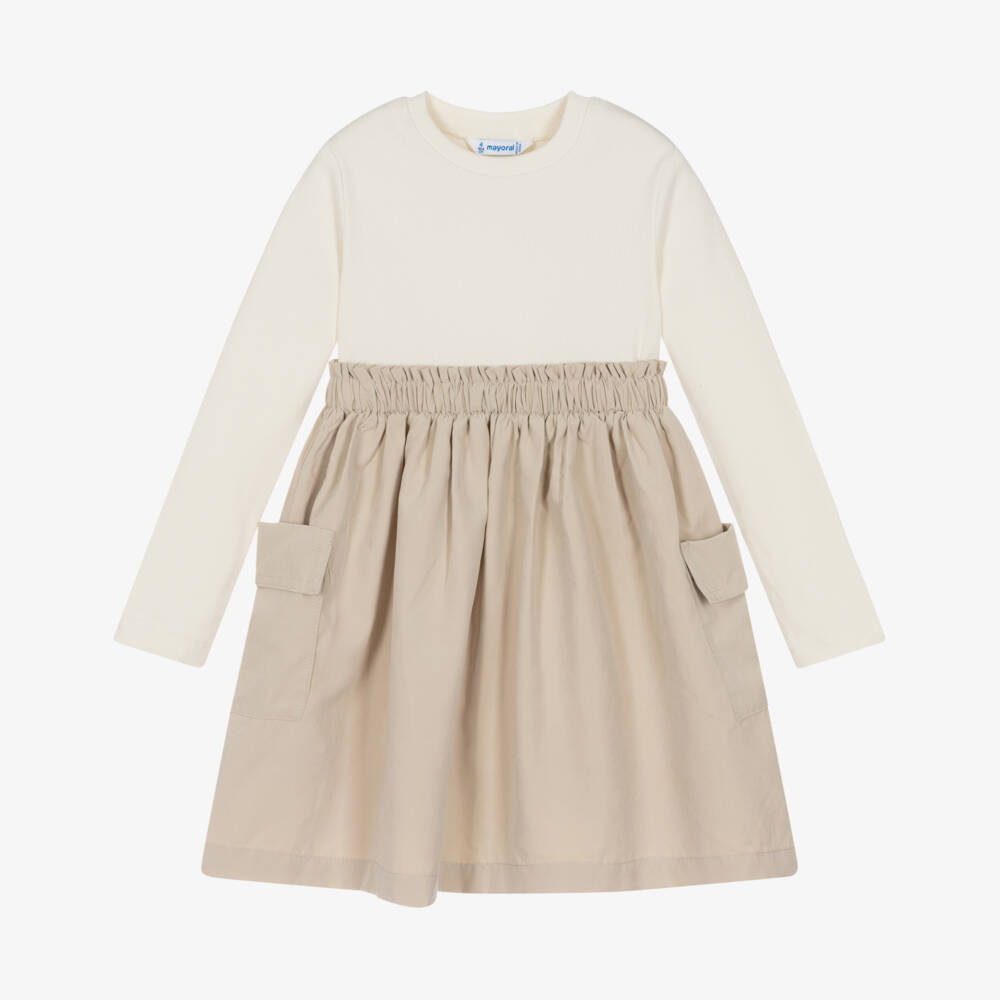 Mayoral-Girls Ivory & Beige Contrast Dress | Childrensalon Outlet