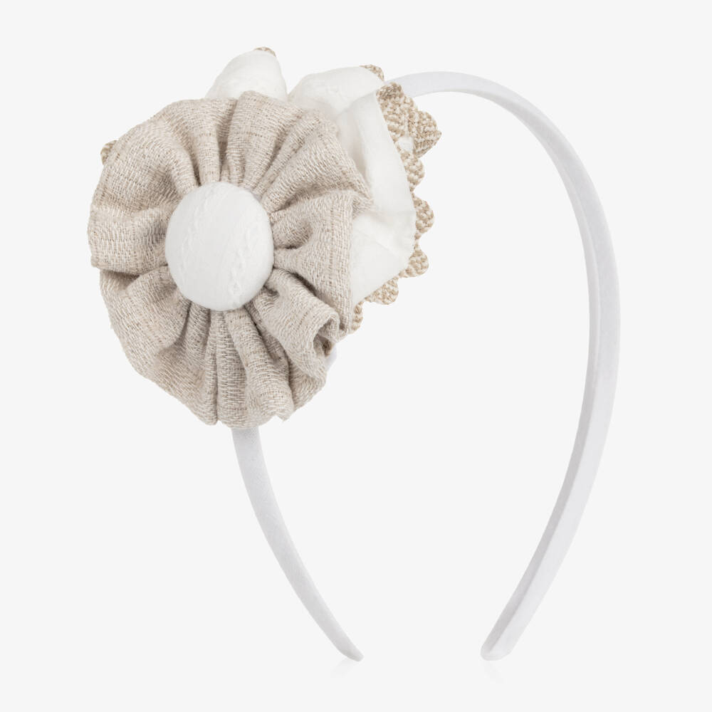 Miranda-Girls Ivory & Beige Flower Rosette Hairband | Childrensalon Outlet