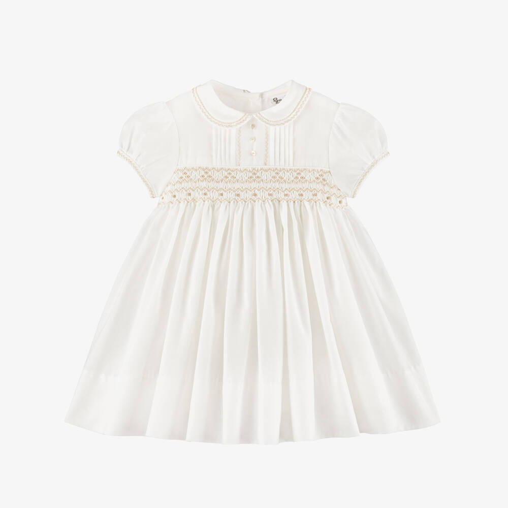 Sarah Louise-Girls Ivory & Beige Hand-Smocked Dress | Childrensalon Outlet