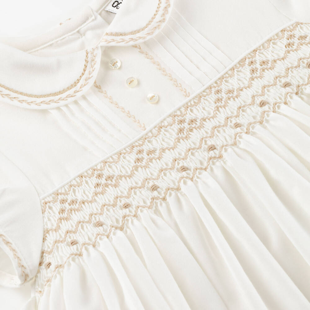 Sarah Louise-Girls Ivory & Beige Hand-Smocked Dress | Childrensalon Outlet