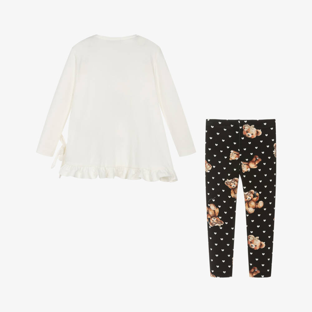 Monnalisa-Girls Ivory & Black Cotton Teddy Print Leggings Set | Childrensalon Outlet