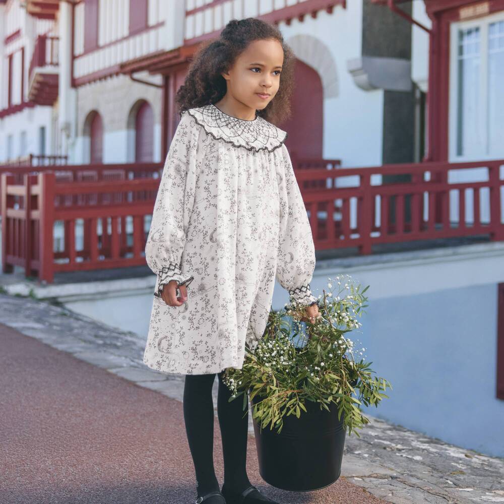 Tartine et Chocolat-Girls Ivory & Black Lace Hand-Smocked Crêpe Dress | Childrensalon Outlet