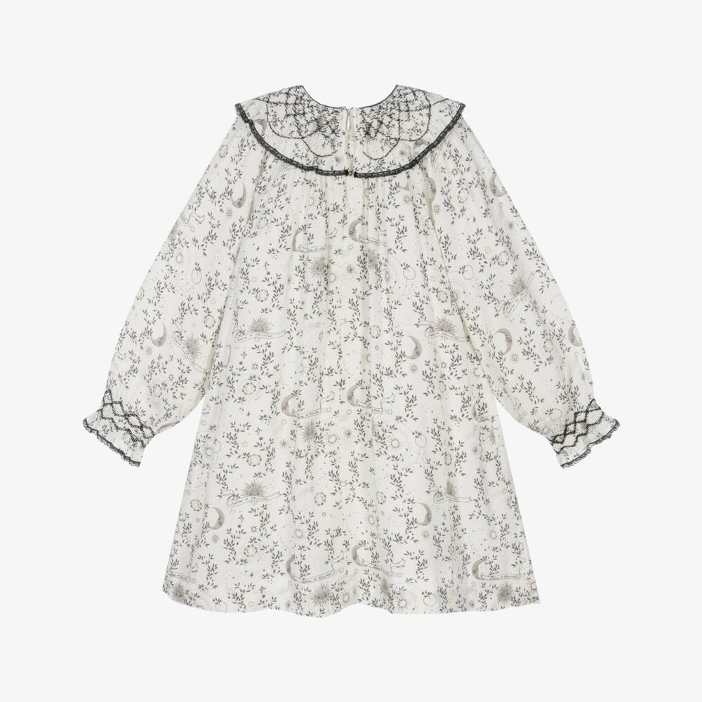 Tartine et Chocolat-Girls Ivory & Black Lace Hand-Smocked Crêpe Dress | Childrensalon Outlet