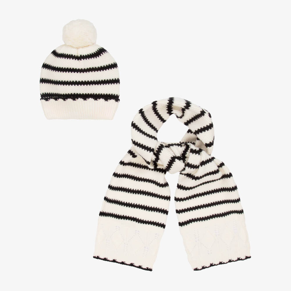 Mayoral-طقم قبعة محبوكة مخططة باللون العاجي للبنات | Childrensalon Outlet