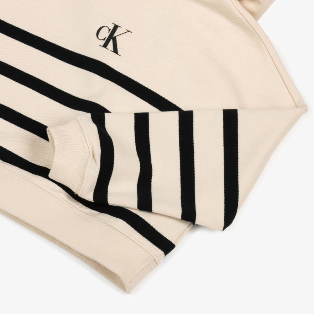 Calvin Klein-Girls Ivory & Black Striped Cotton Hoodie with Monogram Logo | Childrensalon Outlet