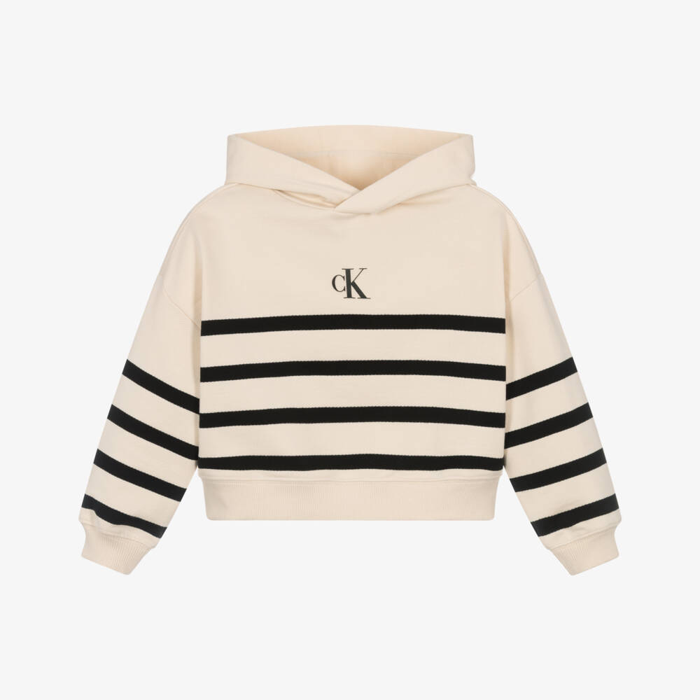 Calvin Klein-Girls Ivory & Black Striped Cotton Hoodie with Monogram Logo | Childrensalon Outlet