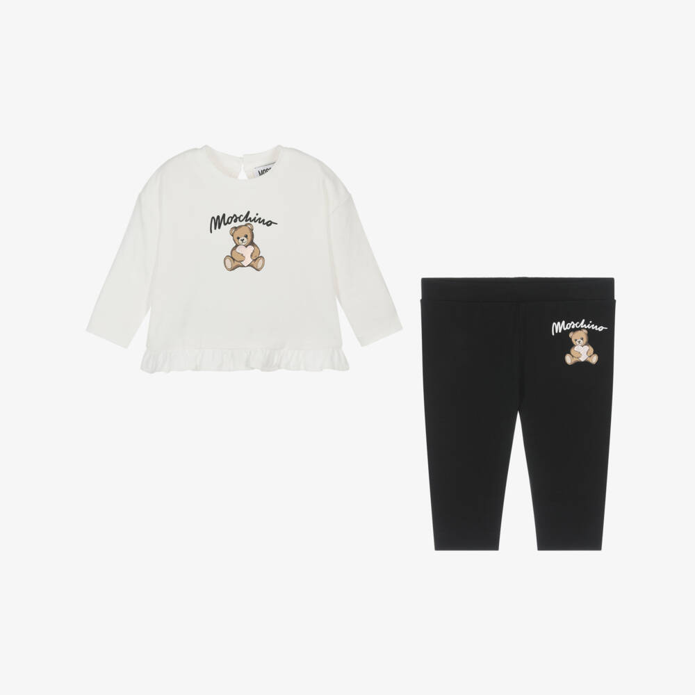 Moschino-Girls Ivory & Black Teddy Heart Leggings Set | Childrensalon Outlet