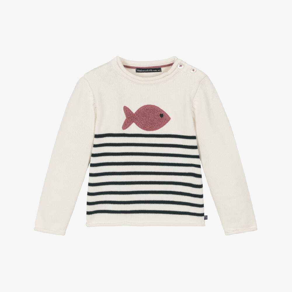 Week-end à la mer-Girls Ivory & Blue Breton Stripe Cotton Jumper | Childrensalon Outlet