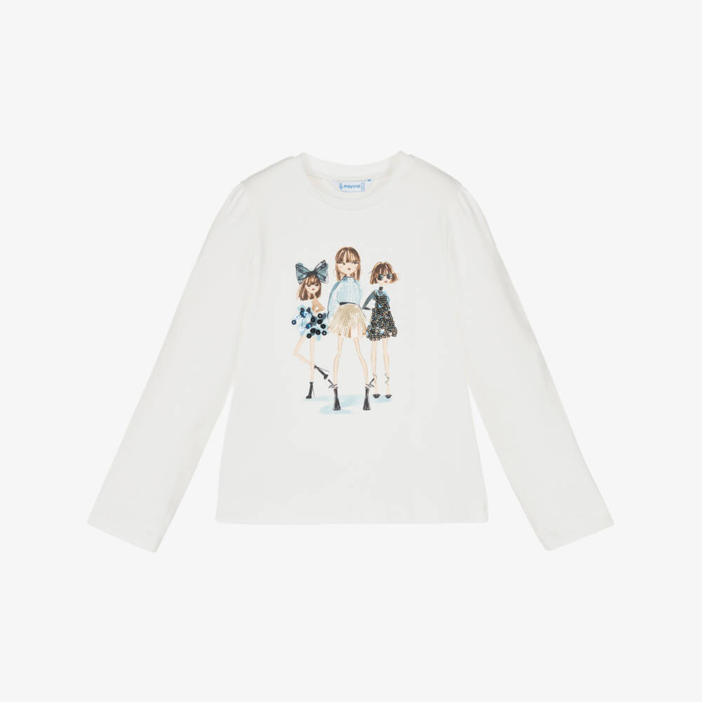 Mayoral-Girls Ivory & Blue Cotton Long-Sleeve Graphic Top | Childrensalon Outlet