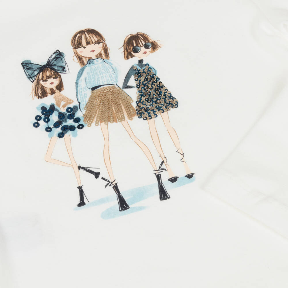 Mayoral-Girls Ivory & Blue Cotton Long-Sleeve Graphic Top | Childrensalon Outlet