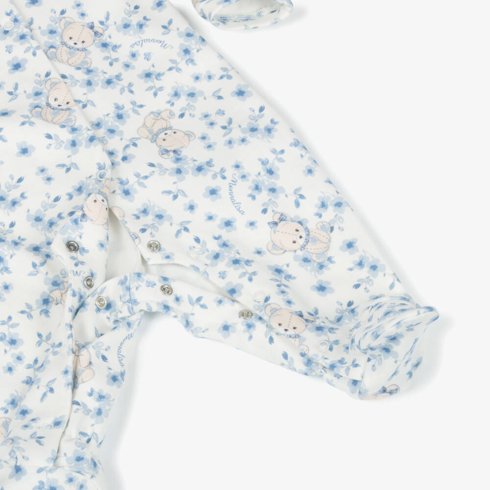 Monnalisa-Girls Ivory & Blue Floral Cotton Babygrow with Teddy Bears | Childrensalon Outlet