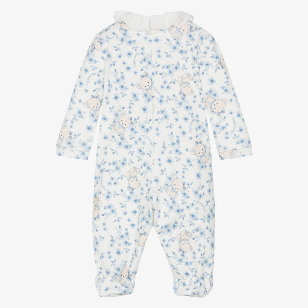 Monnalisa-Girls Ivory & Blue Floral Cotton Babygrow with Teddy Bears | Childrensalon Outlet