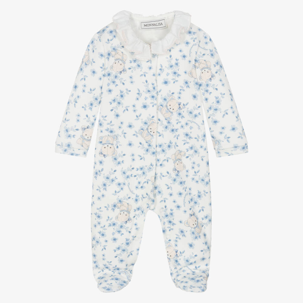 Monnalisa-Girls Ivory & Blue Floral Cotton Babygrow with Teddy Bears | Childrensalon Outlet