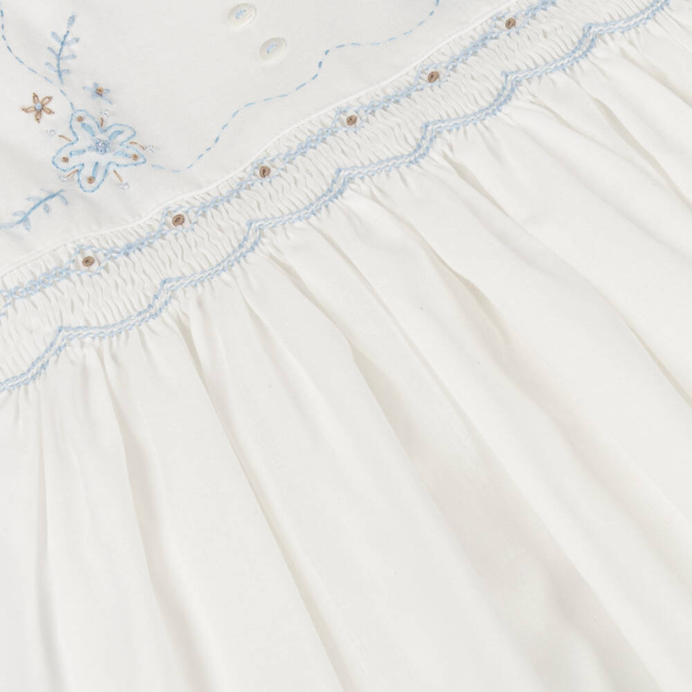 Sarah Louise-Girls Ivory & Blue Hand-Smocked & Embroidered Cotton Dress | Childrensalon Outlet