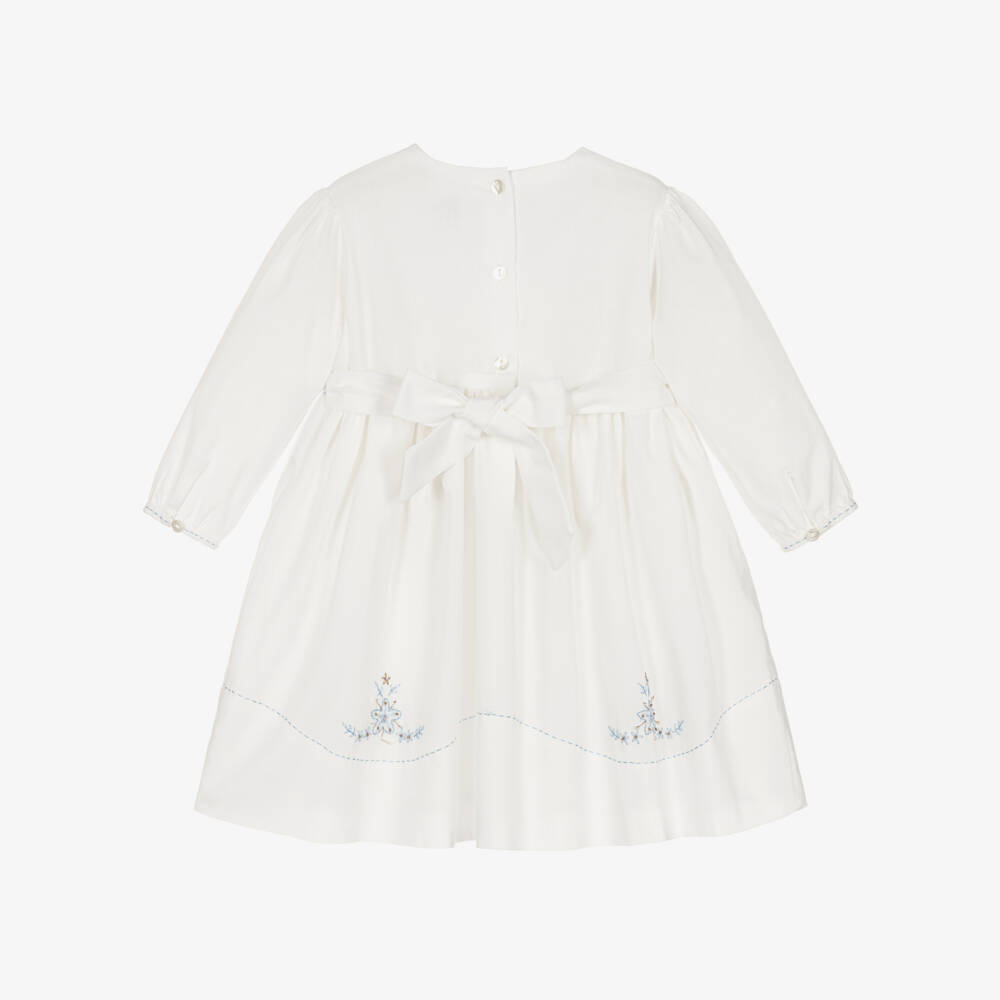 Sarah Louise-Girls Ivory & Blue Hand-Smocked & Embroidered Cotton Dress | Childrensalon Outlet
