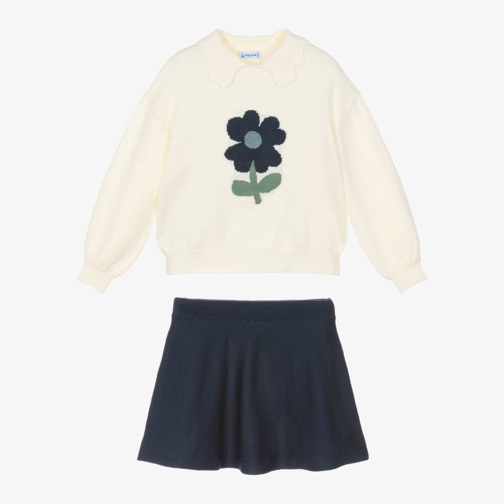 Mayoral-Girls Ivory & Blue Knitted Skirt Set with Floral Motif | Childrensalon Outlet
