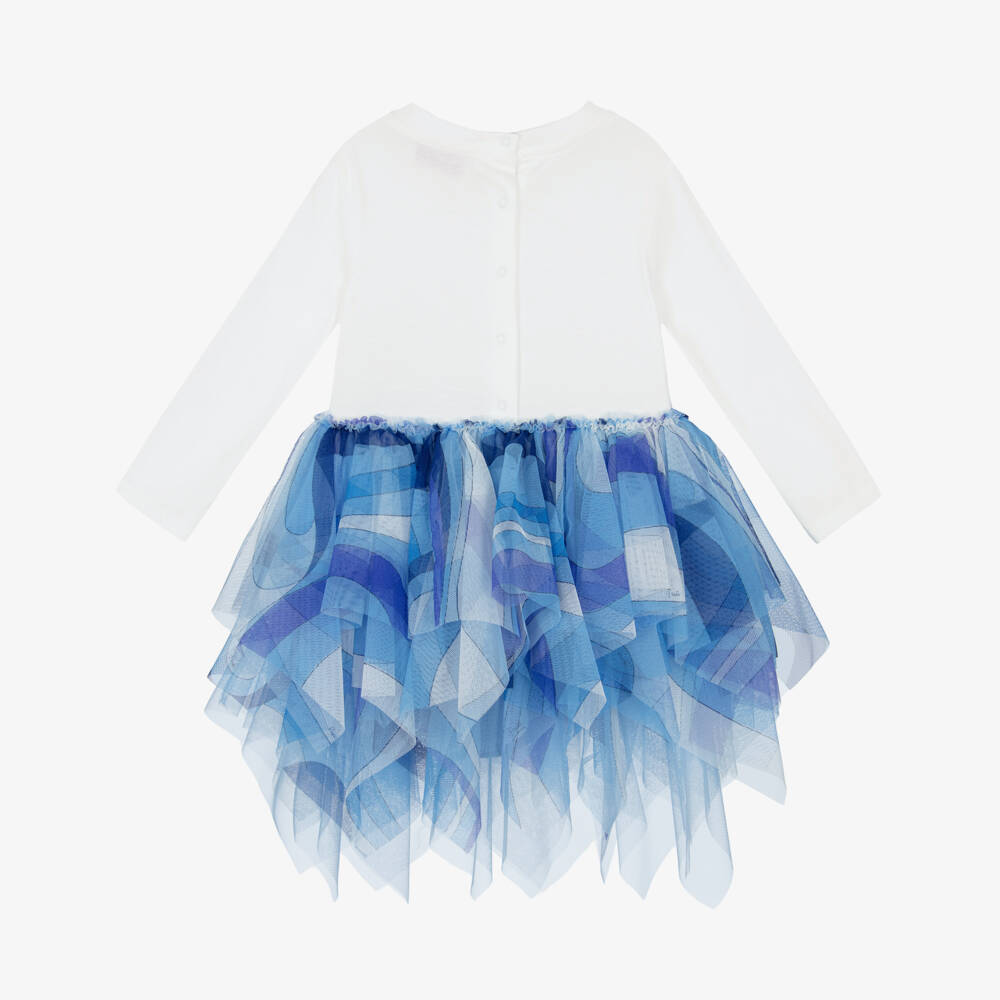 PUCCI-Girls Ivory & Blue Marmo Print Tulle Dress | Childrensalon Outlet
