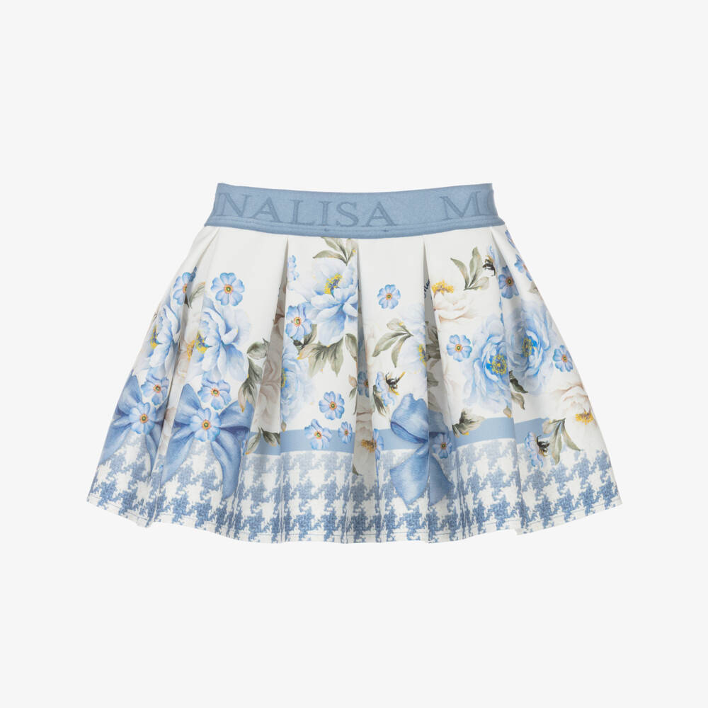 Monnalisa-Girls Ivory & Blue Neoprene Floral Houndstooth Skirt | Childrensalon Outlet