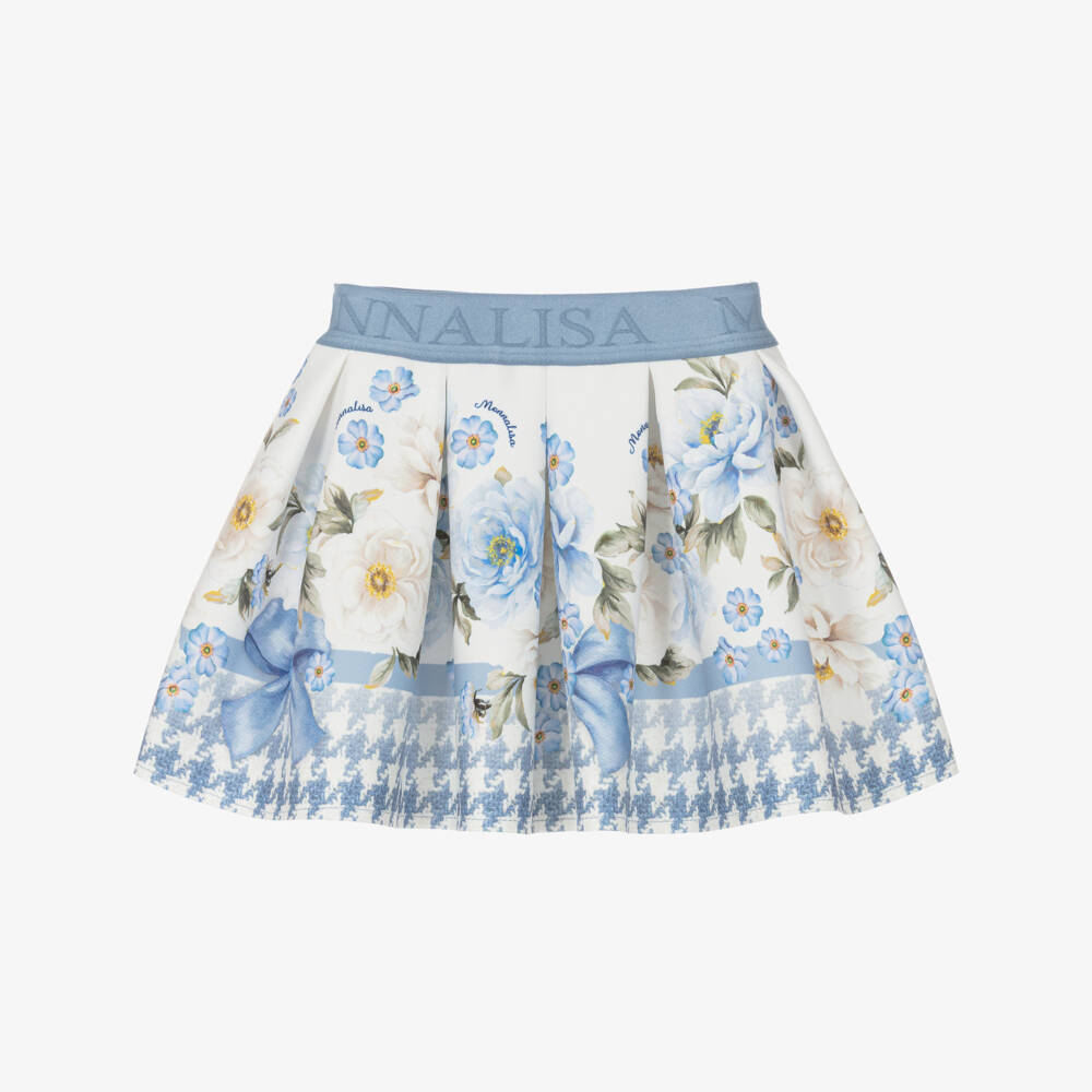 Monnalisa-Girls Ivory & Blue Neoprene Floral Houndstooth Skirt | Childrensalon Outlet