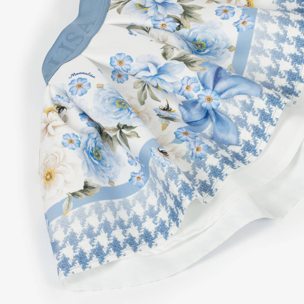 Monnalisa-Girls Ivory & Blue Neoprene Floral Houndstooth Skirt | Childrensalon Outlet