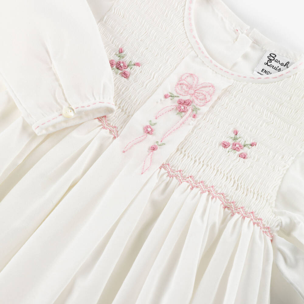 Sarah Louise-Girls Ivory & Blush Pink Hand-Embroidered Bow Dress | Childrensalon Outlet