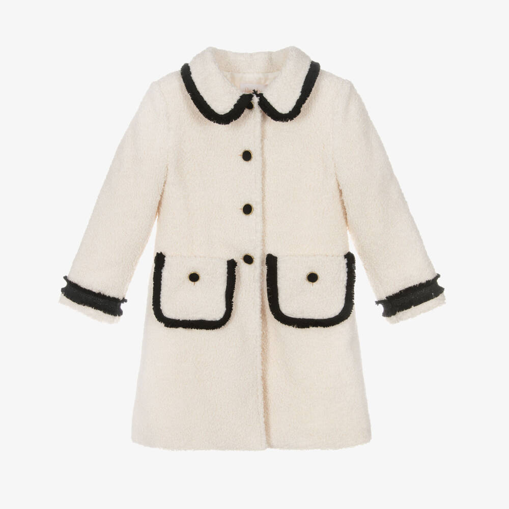 Patachou-Girls Ivory BouclÃ© Coat with Fringed Black Trims | Childrensalon Outlet
