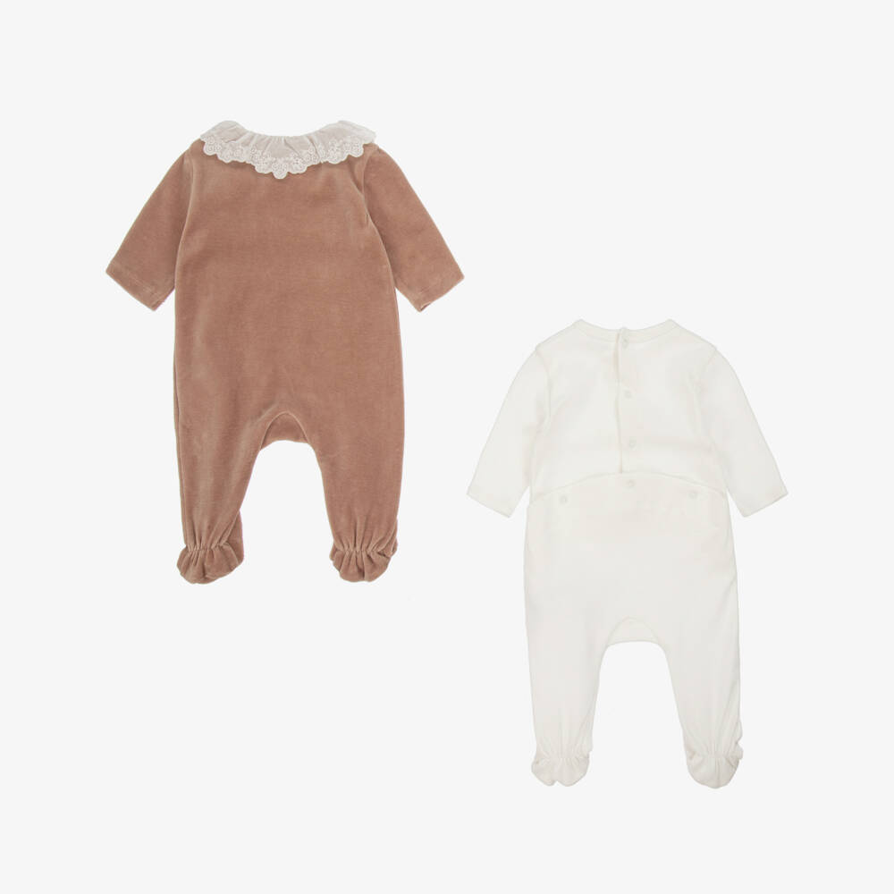 Chloé-Girls Ivory & Brown Cotton Babysuit Gift Set | Childrensalon Outlet