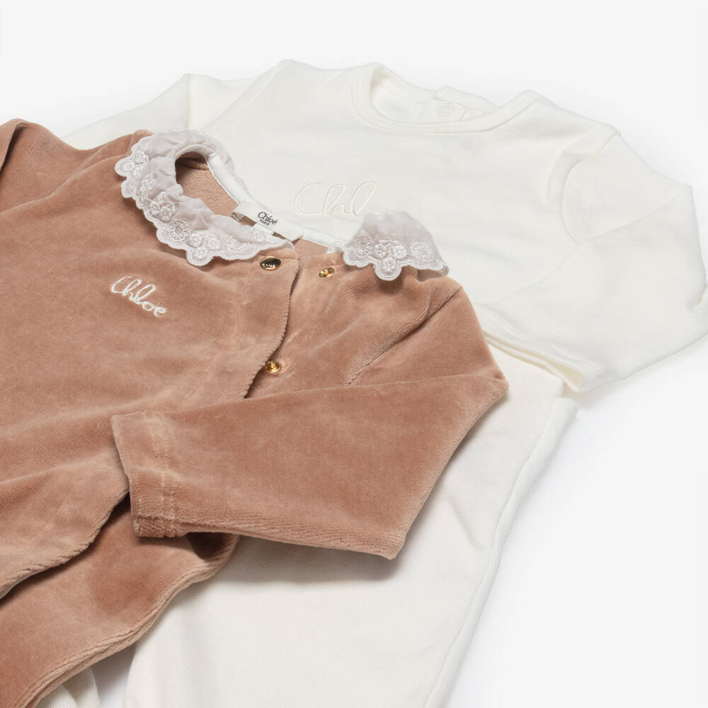 Chloé-Girls Ivory & Brown Cotton Babysuit Gift Set | Childrensalon Outlet