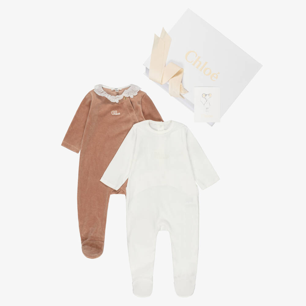 Chloé-Girls Ivory & Brown Cotton Babysuit Gift Set | Childrensalon Outlet