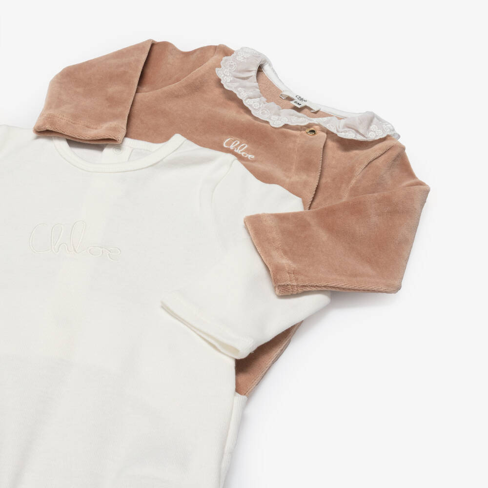 Chloé-Girls Ivory & Brown Cotton Babysuit Gift Set | Childrensalon Outlet