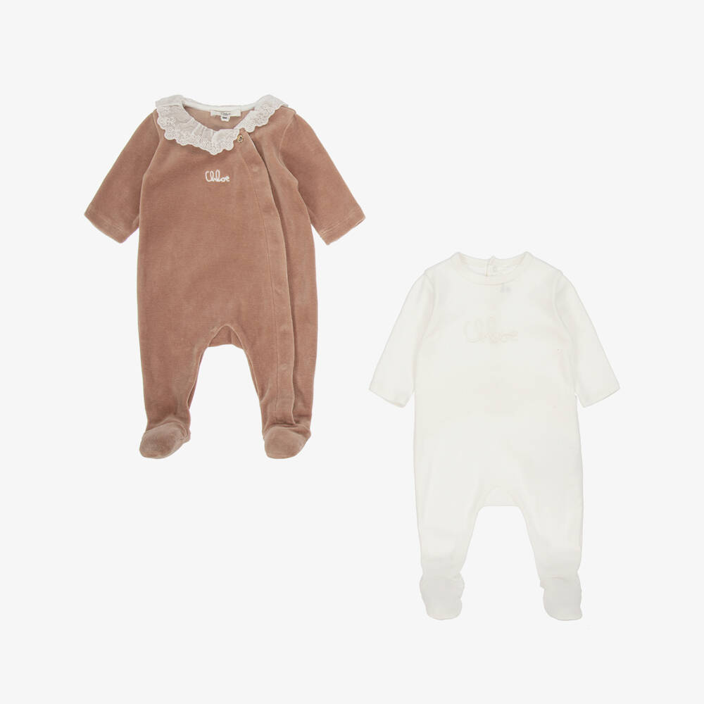 Chloé-Girls Ivory & Brown Cotton Babysuit Gift Set | Childrensalon Outlet
