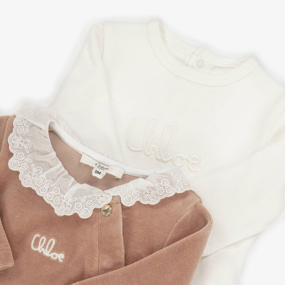 Chloé-Girls Ivory & Brown Cotton Babysuit Gift Set | Childrensalon Outlet