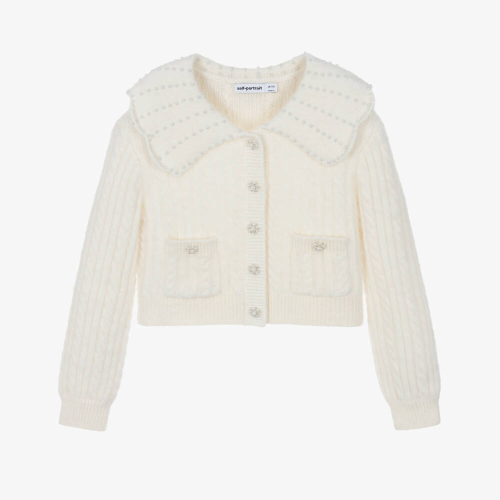 Self-Portrait-Girls Ivory Cable Knit Wool Cardigan with Pearls & Diamantés | Childrensalon Outlet