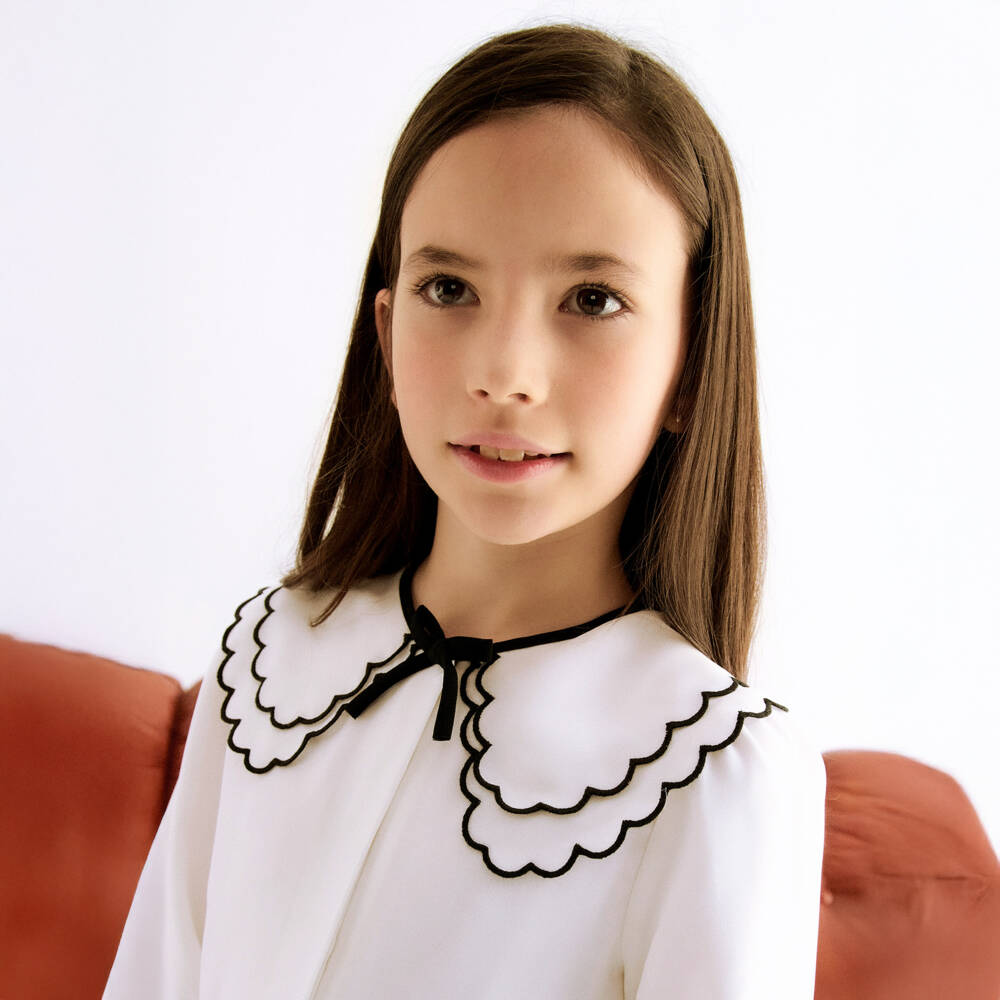Abel & Lula-Girls Ivory Chiffon Blouse with Oversized Scalloped Collar | Childrensalon Outlet