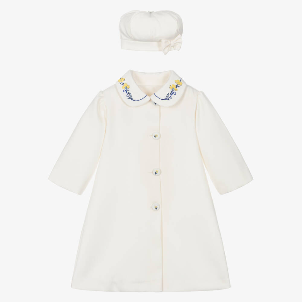 Pretty Originals-Girls Ivory Coat Set with Yellow Floral Embroidery | Childrensalon Outlet