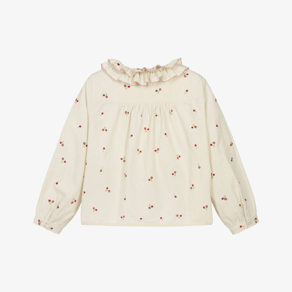 Bonpoint-Girls Ivory Cotton Blouse with Embroidered Red Cherry Logos | Childrensalon Outlet