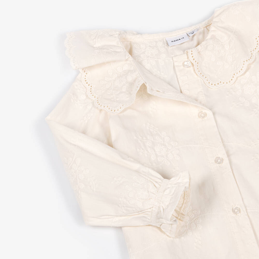 NAME IT-Girls Ivory Cotton Blouse with Floral Embroidery | Childrensalon Outlet
