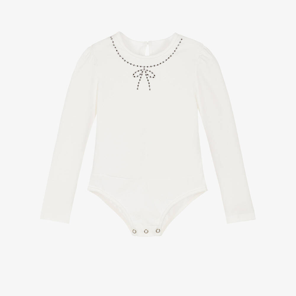 Lapin House-Girls Ivory Cotton Bodysuit with DiamantÃ© Bow | Childrensalon Outlet