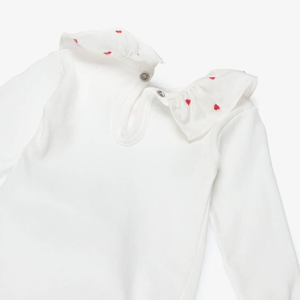 Petit Bateau-Girls Ivory Cotton Bodysuit with Embroidered Red Hearts Collar | Childrensalon Outlet