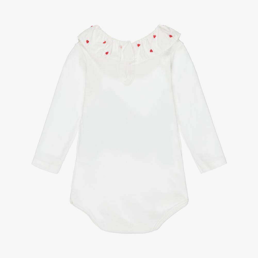 Petit Bateau-Girls Ivory Cotton Bodysuit with Embroidered Red Hearts Collar | Childrensalon Outlet