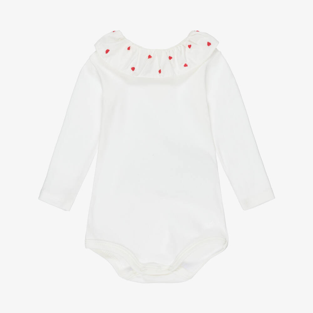 Petit Bateau-Girls Ivory Cotton Bodysuit with Embroidered Red Hearts Collar | Childrensalon Outlet