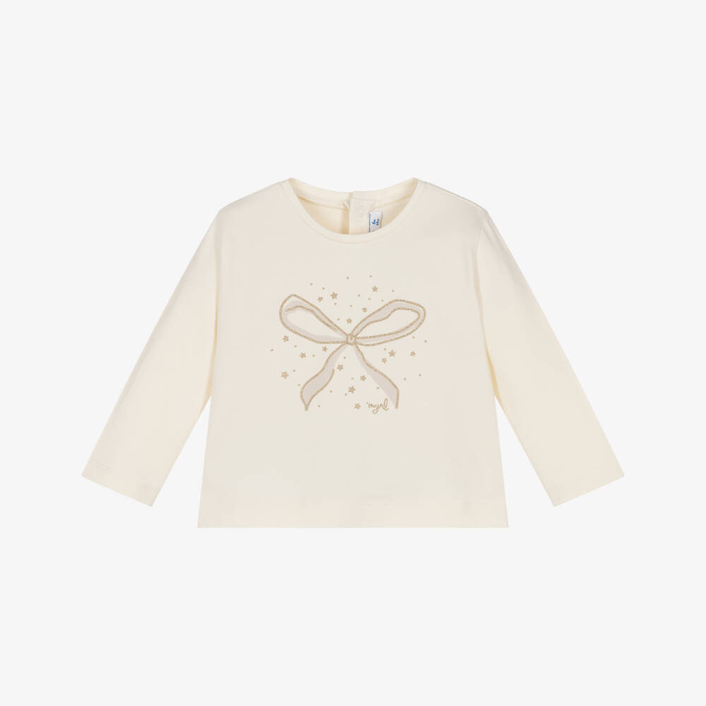 Mayoral-Girls Ivory Cotton Bow Print Top | Childrensalon Outlet
