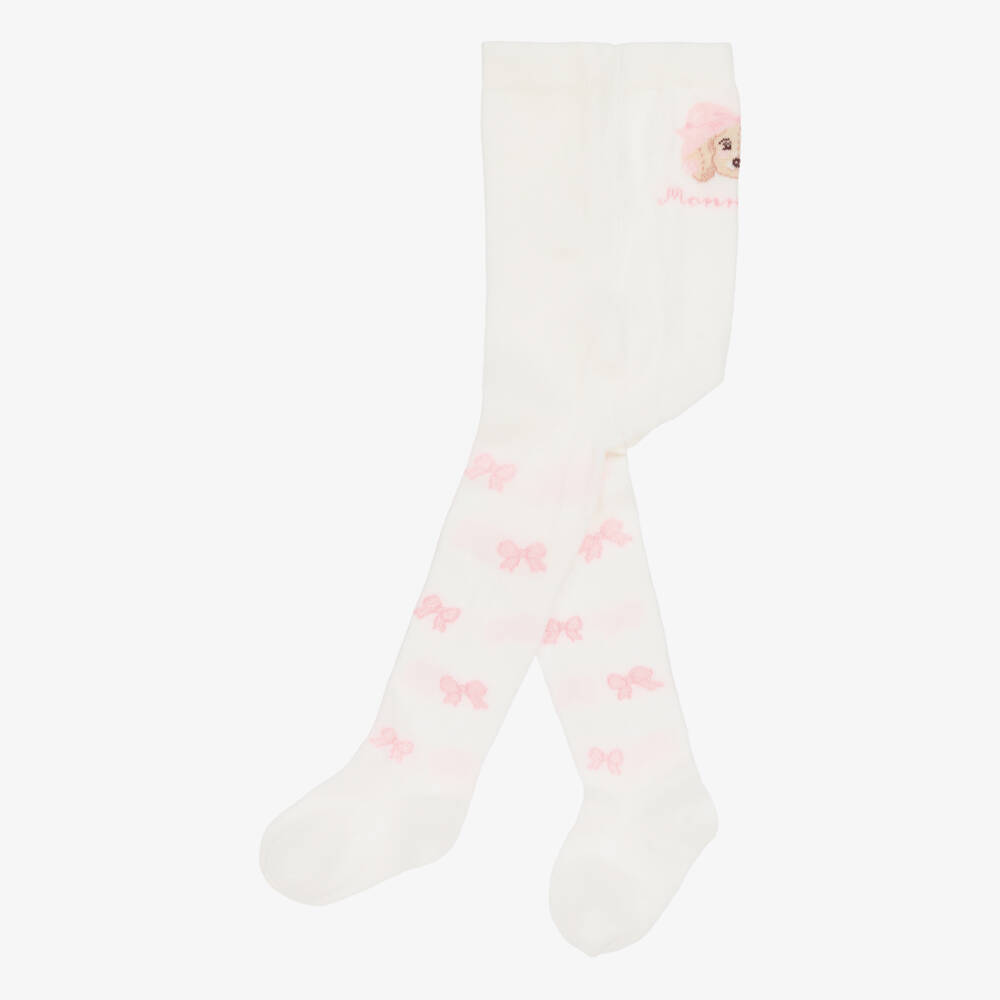 Monnalisa-Girls Ivory Cotton Bow & Puppy Tights | Childrensalon Outlet
