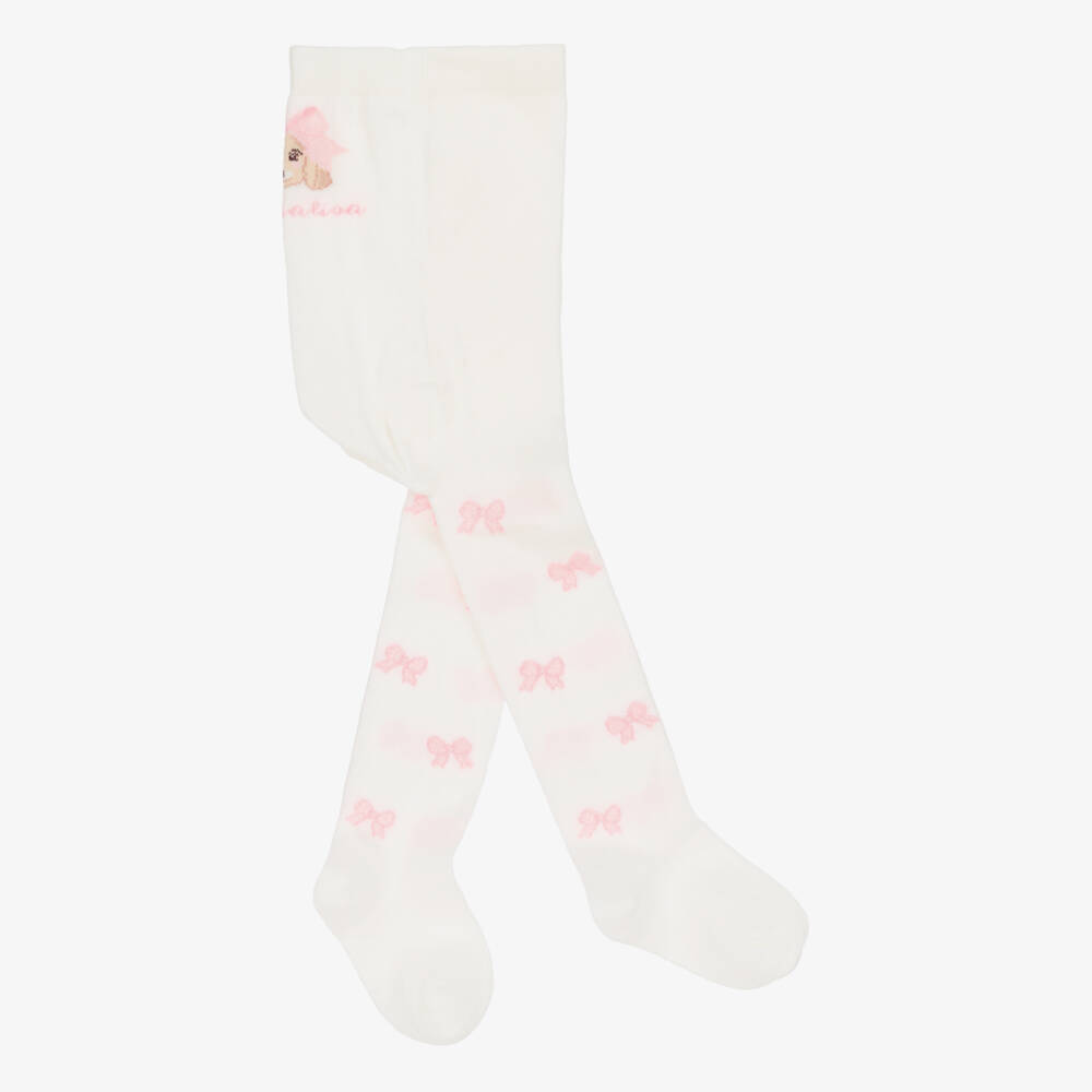 Monnalisa-Girls Ivory Cotton Bow & Puppy Tights | Childrensalon Outlet