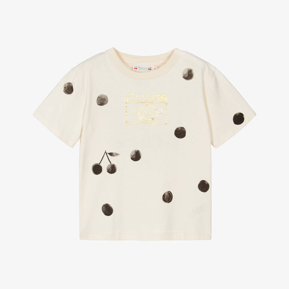 Bonpoint-Girls Ivory Cotton Camera T-Shirt with Black Polka Dots | Childrensalon Outlet